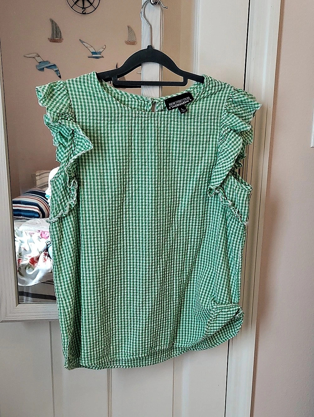 New Direction Gingham Ruffle Sleeve Blouse in Green & White Size Large